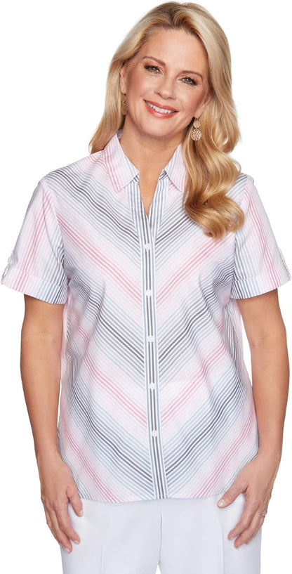 Alfred Dunner Women's Ombre Stripe Print Lightweight Short Sleeve Button Down Collar Shirt Size M Petal Grey