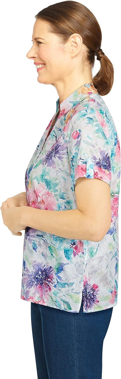 Alfred Dunner Womens Petite Floral Print Burnout Shirt, Multi, PXL