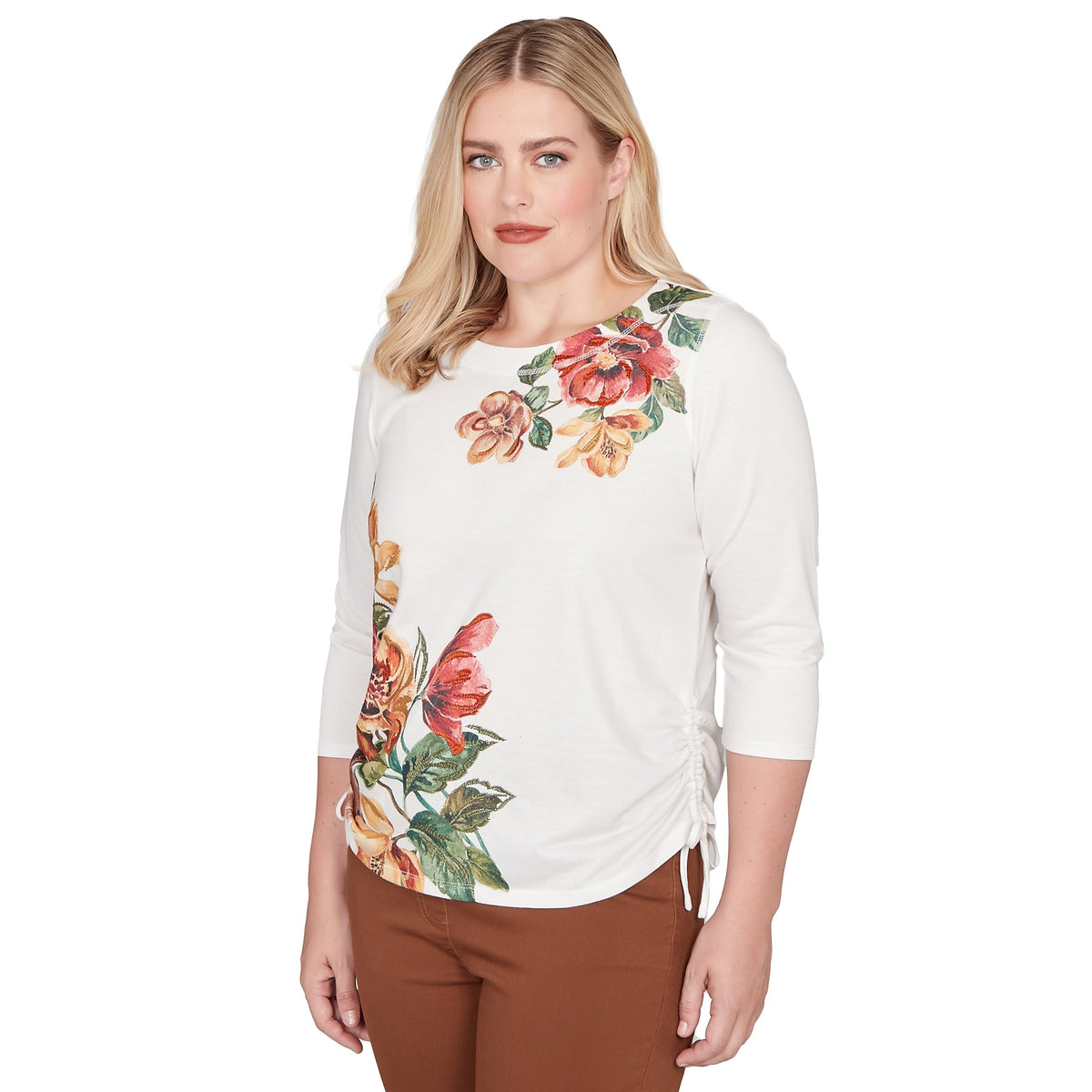 Alfred Dunner Women's Asymmetric Floral Side Tie Top Size S Ivory