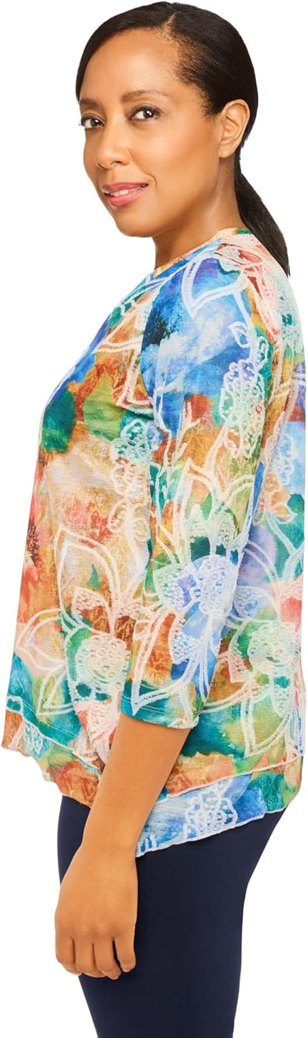 Alfred Dunner Women's Petite Moody Watercolor Floral V-Neck Top Size PXL Multi