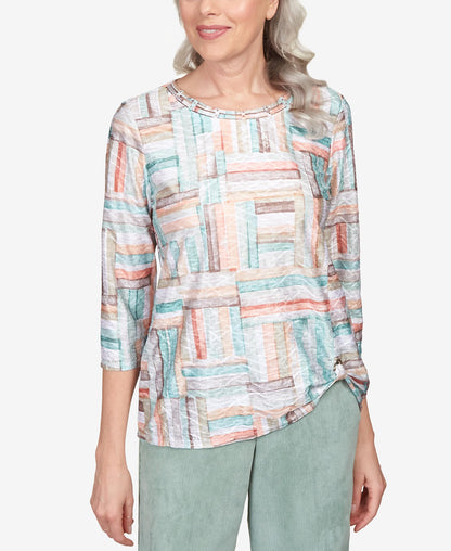 Alfred Dunner ST. Moritz Textured Patchwork Stripe Side Grommet Top