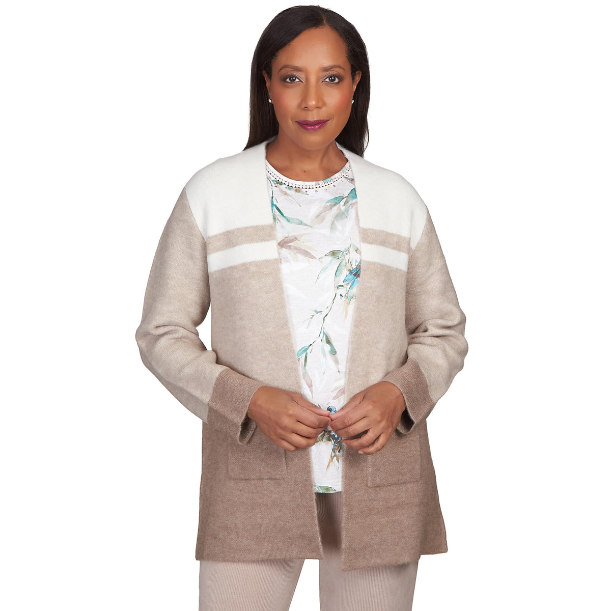 Alfred Dunner Women's Plus-Size Colorblock Open Front Cardigan Size 2X Fawn