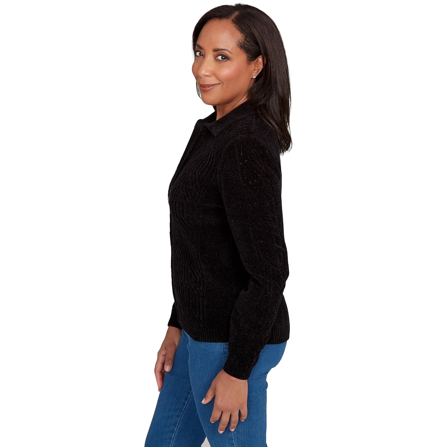 Alfred Dunner Women's Zip-Front Chenille Collared Cardigan