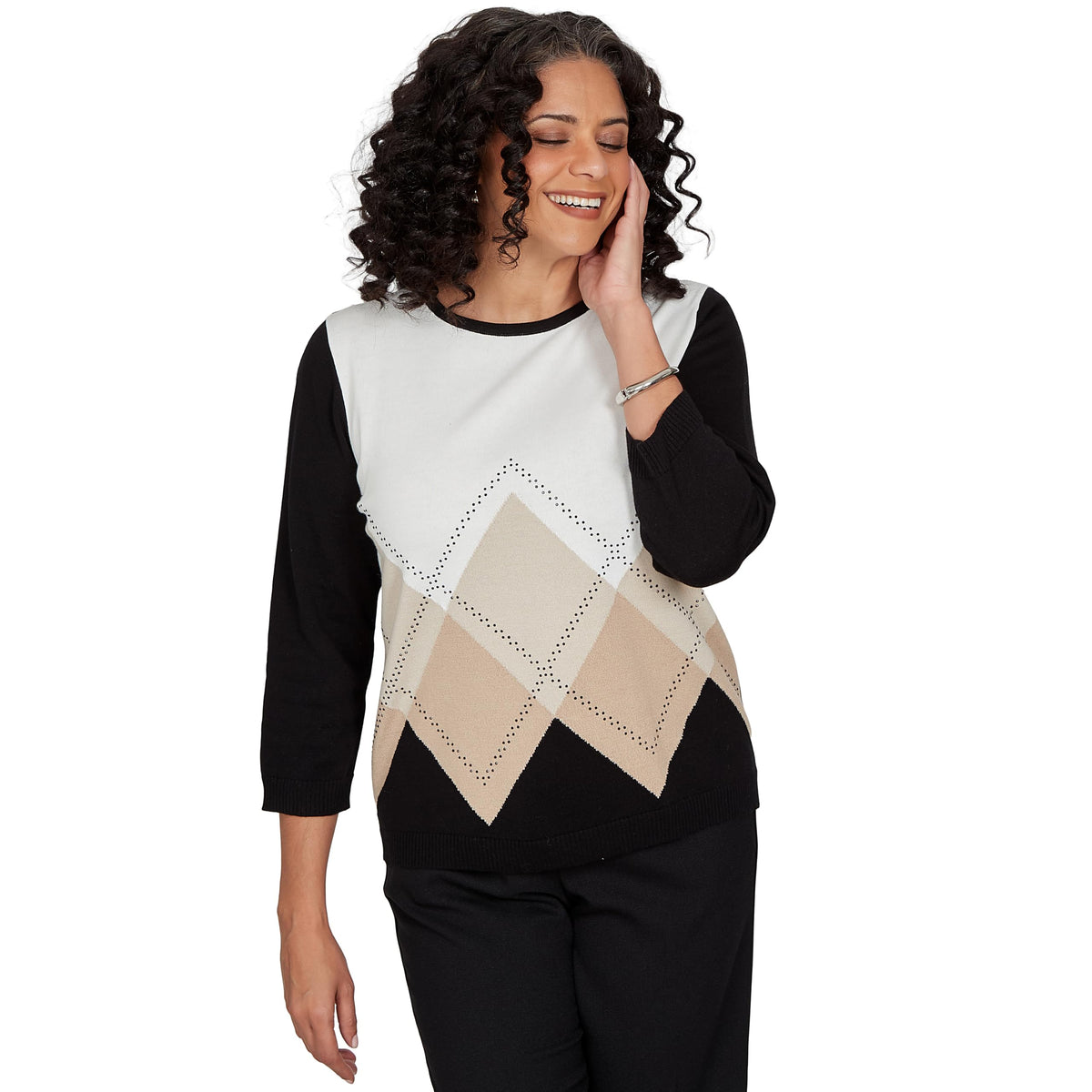 Alfred Dunner Women's Argyle Beaded Sweater, Black, S