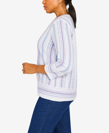 Alfred Dunner Women's Womens Crewneck Three-Quarter Bell Sleeve Stripe Sweater with Removable Necklace