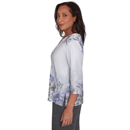 Alfred Dunner Worth Avenue Asymmetrical Floral Shimmer Top Polyester