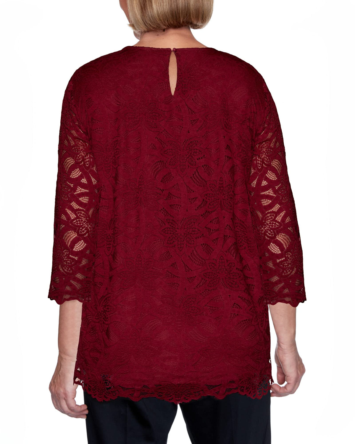 Alfred Dunner Women's Petite Beautiful Solid Lace Knit Body-Lined Top with Pretty Necklace