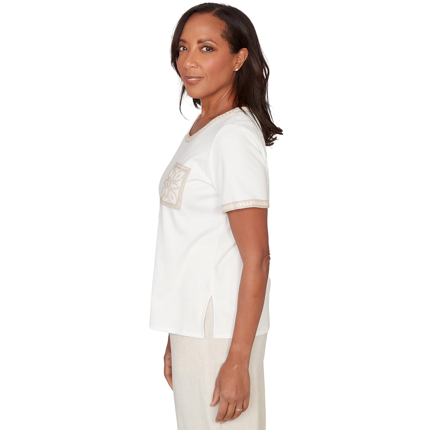 Alfred Dunner Women's Crochet Pocket Short Sleeve Tee