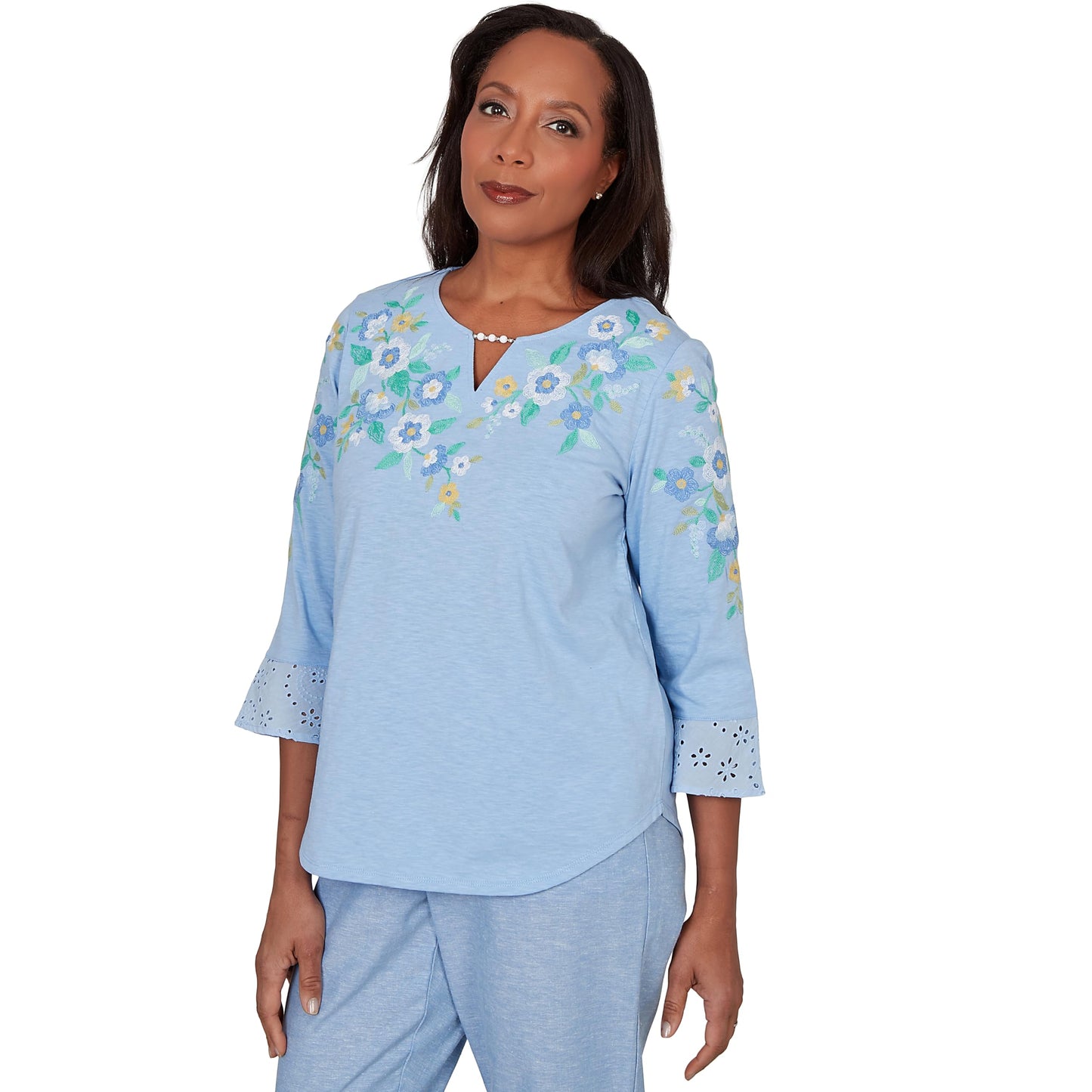 Alfred Dunner Women's Floral Embroidered Split Neck Top