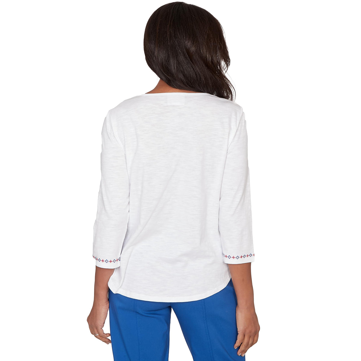 Alfred Dunner Women's Floral Butterfly Embroidered V Neck Top, Size L, White