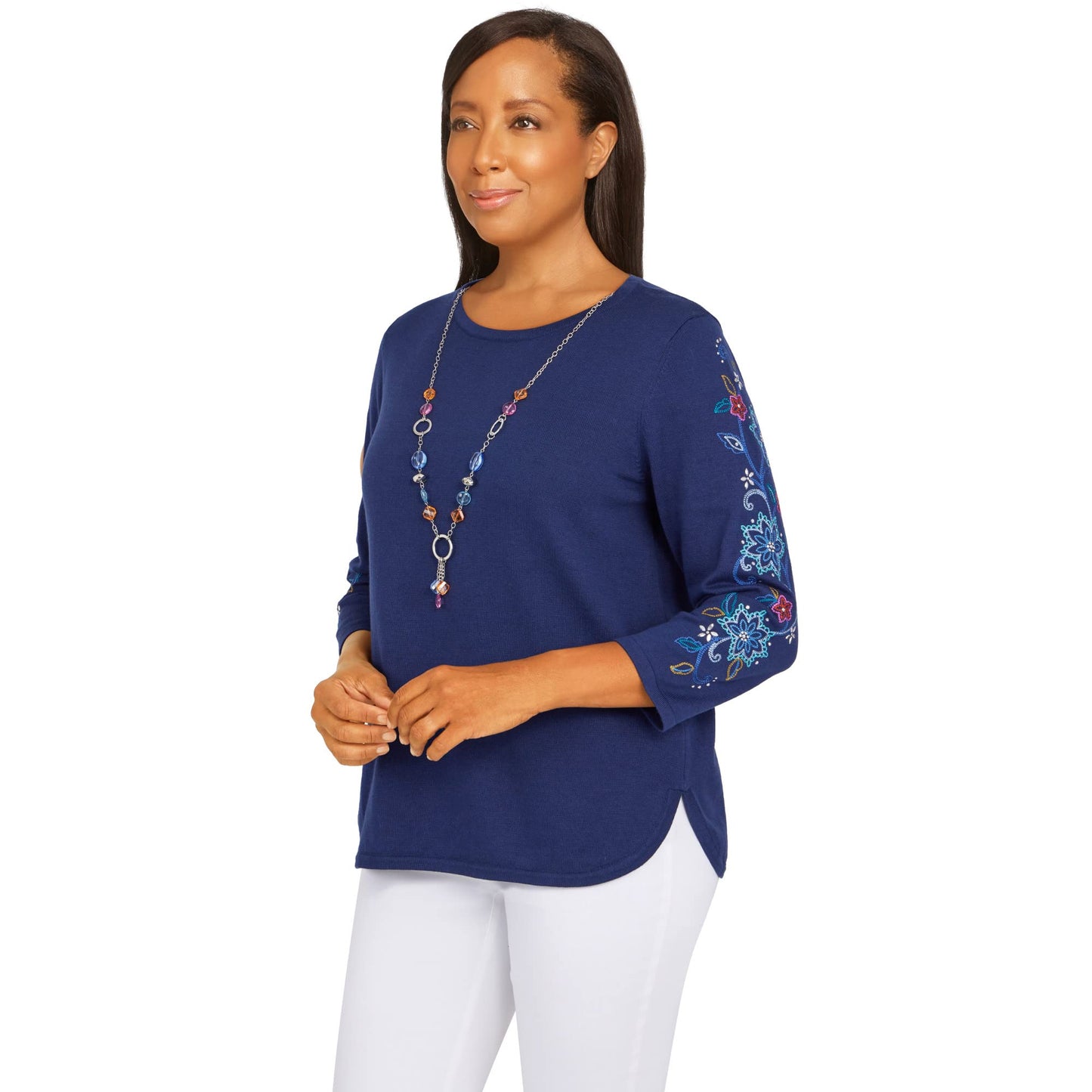 Alfred Dunner Women's Plus-Size Womens Embroidered Sweater with Detachable Necklace