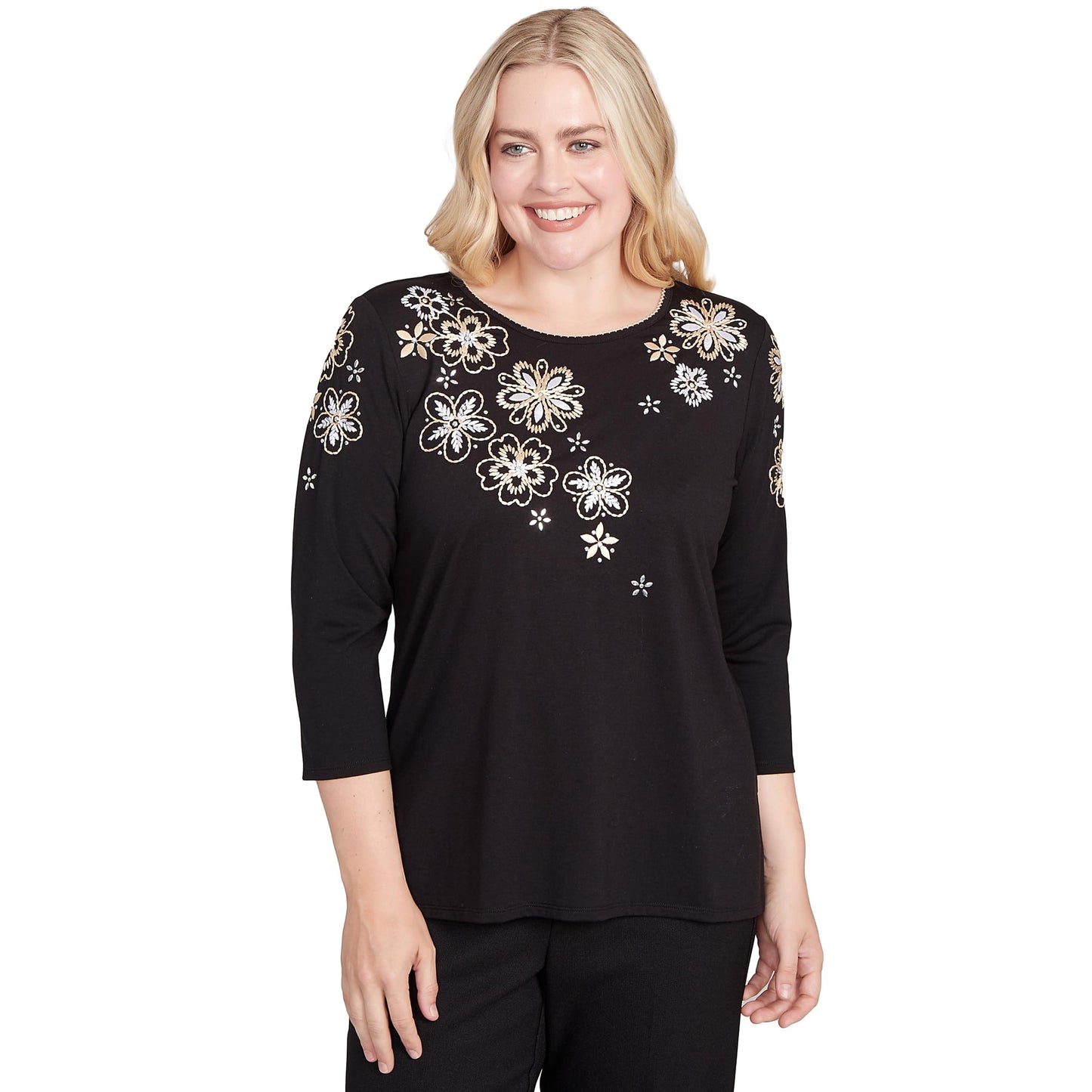 Alfred Dunner Women's Gold Floral Embroidered Three Quarter Sleeve Top Size XL Black