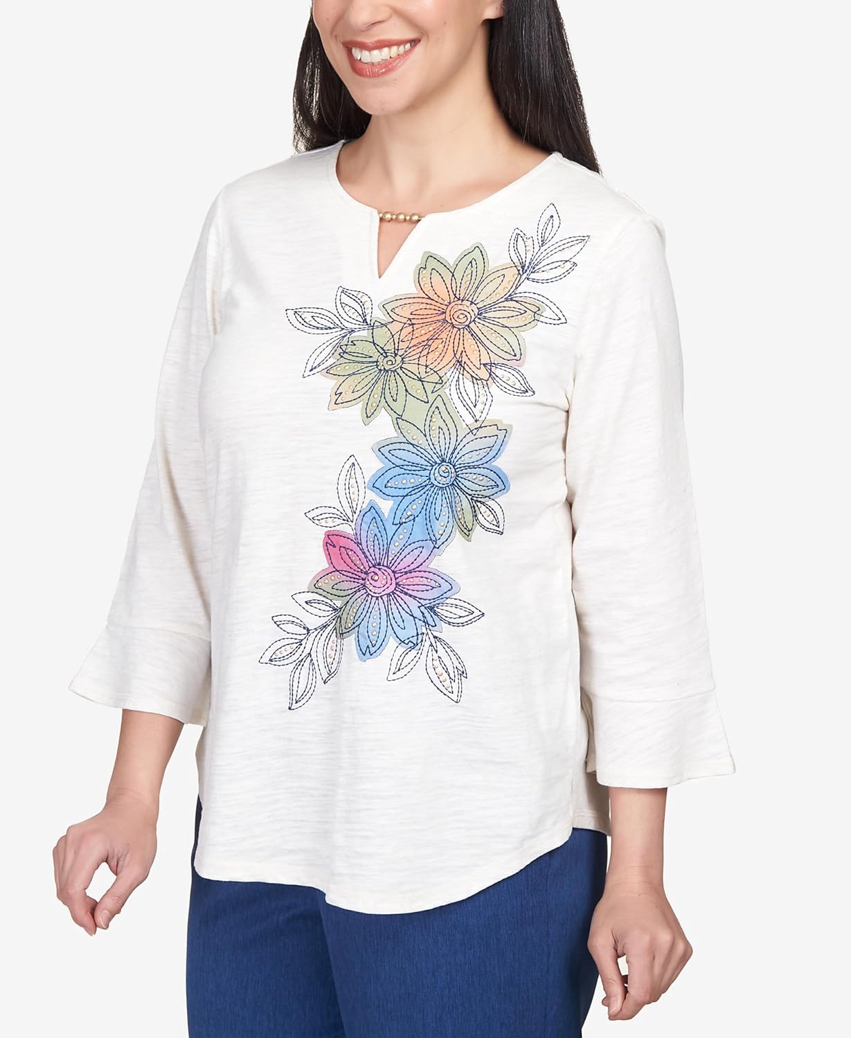 Alfred Dunner Women's Asymmetric Flower Embroidery Shirttail Top Size L Oatmeal