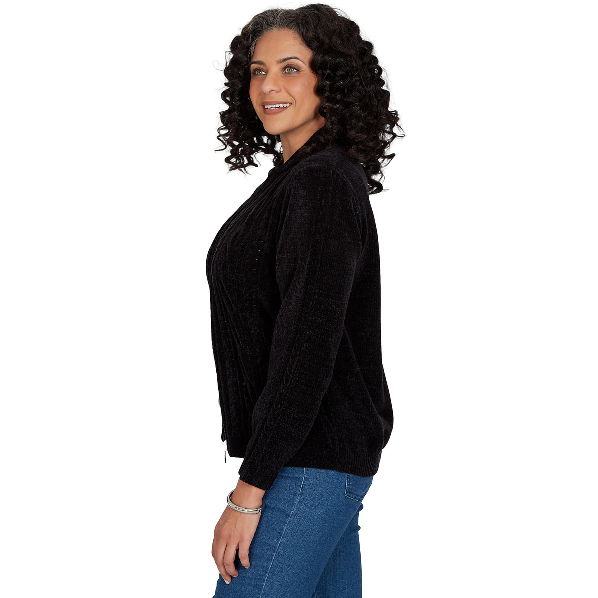 Alfred Dunner Women's Cable Chenille Zip Cardigan Sweater, Black, L