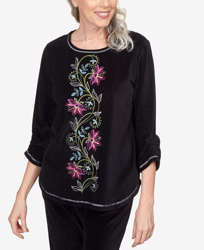 Alfred Dunner Women's Center Floral Embroidered Velour Shirttail Top Size S Black