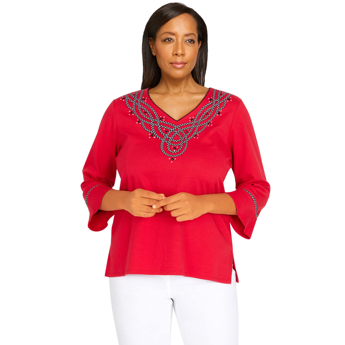 Alfred Dunner Women's Petite Embroidered V-Neck 3/4 Sleeve Top Size PM Red