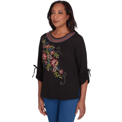 Alfred Dunner Harvest Moon Black with Center Embroidered Cotton/Polyester Top