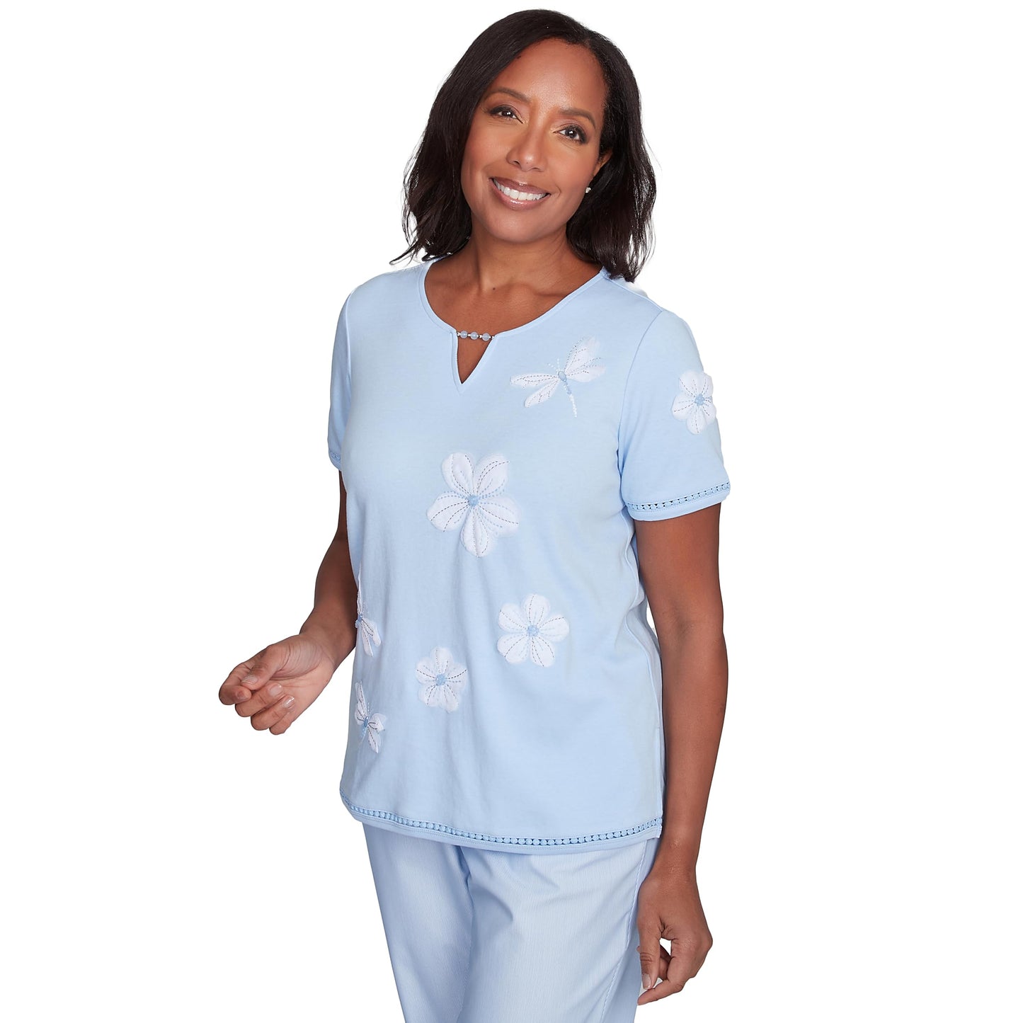 Alfred Dunner Apliquee Dragonfly Flowers Cotton/Polyester Top