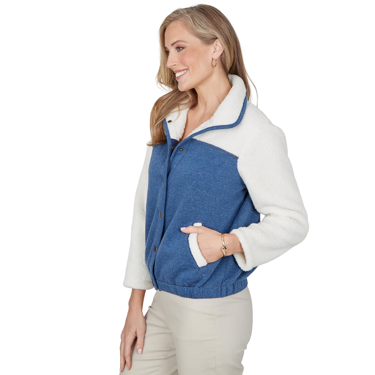Alfred Dunner Petite Denim and Sherpa Jacket, Stone, PS