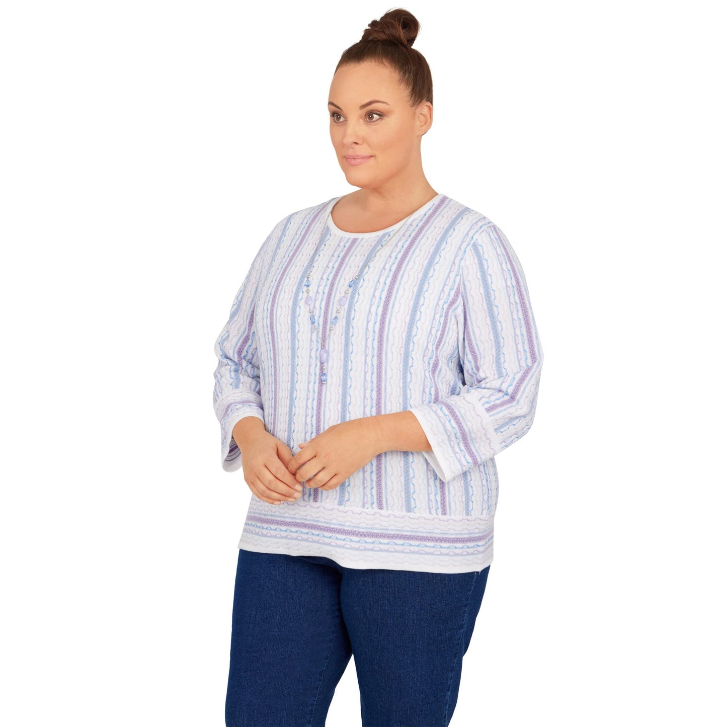 Alfred Dunner Women's Plus-Size Womens Crewneck Three-Quarter Bell Sleeve Stripe Sweater with Removable Necklace