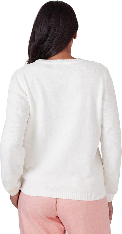 Alfred Dunner Swiss Chalet Chenille Sweater Ivory Crew Neck Long Sleeve