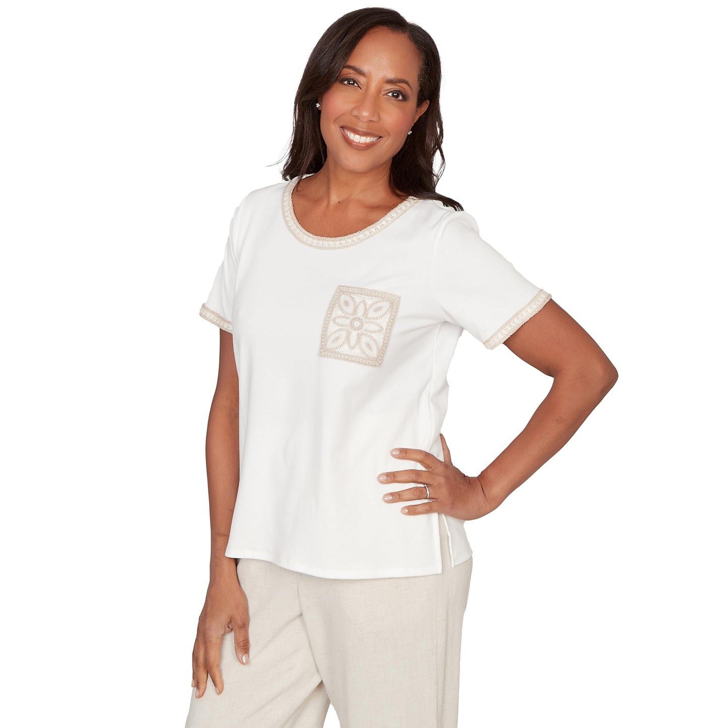 Alfred Dunner Women's Crochet Pocket Short Sleeve Tee