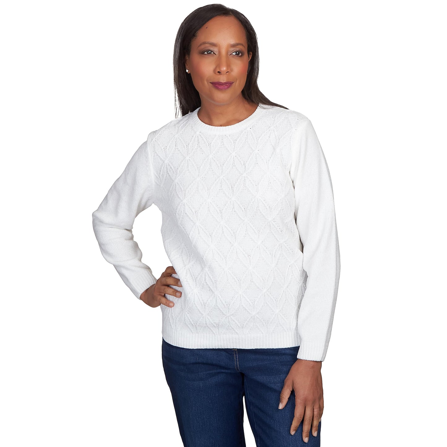 Alfred Dunner Classic Crew Neck Chenille Pullover Sweater (US, Alpha, Small, Regular, Regular, Standard, Grey)