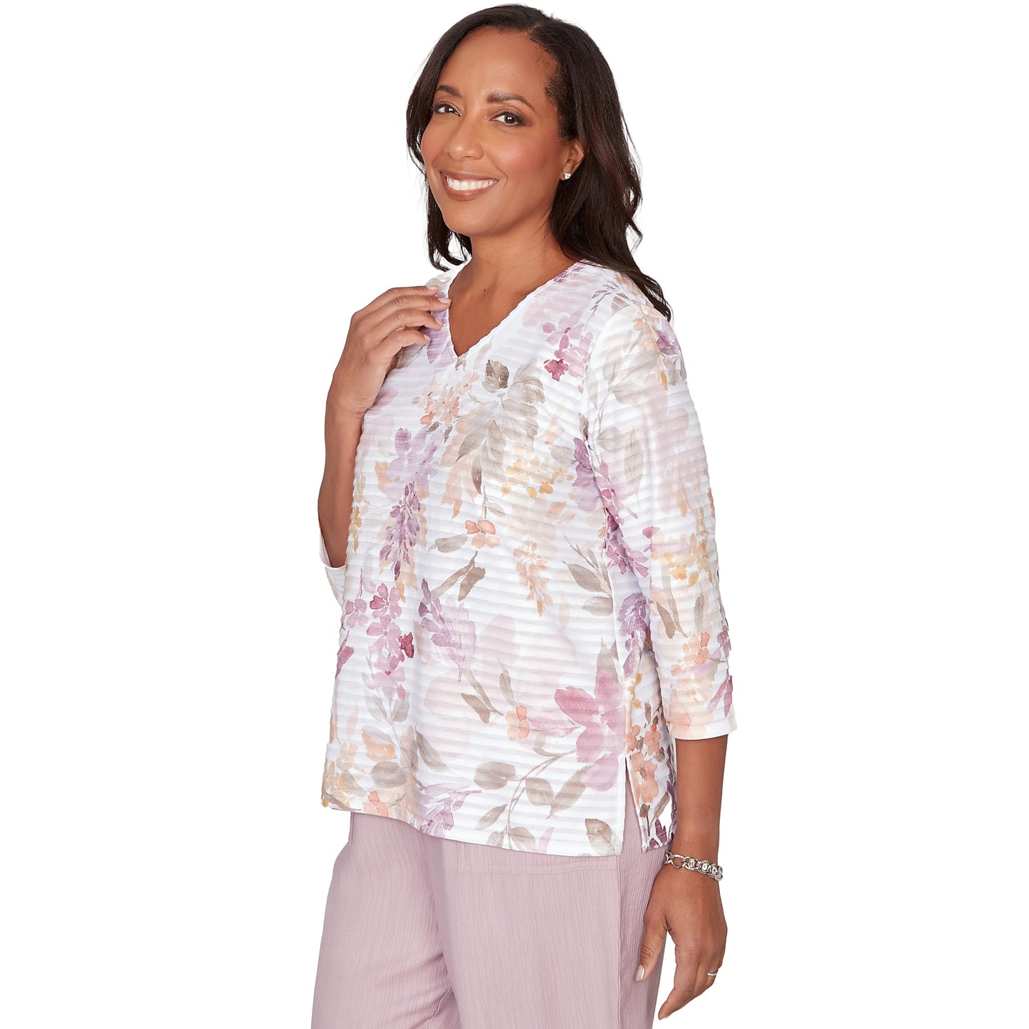 Alfred Dunner Women's Watercolor Floral Textured V-Neck Top