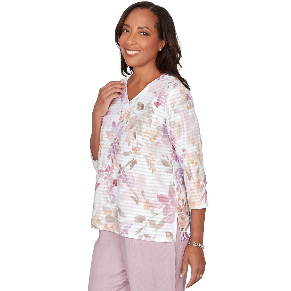 Alfred Dunner Women's Watercolor Floral Textured V-Neck Top, Size XL, Pink Multi