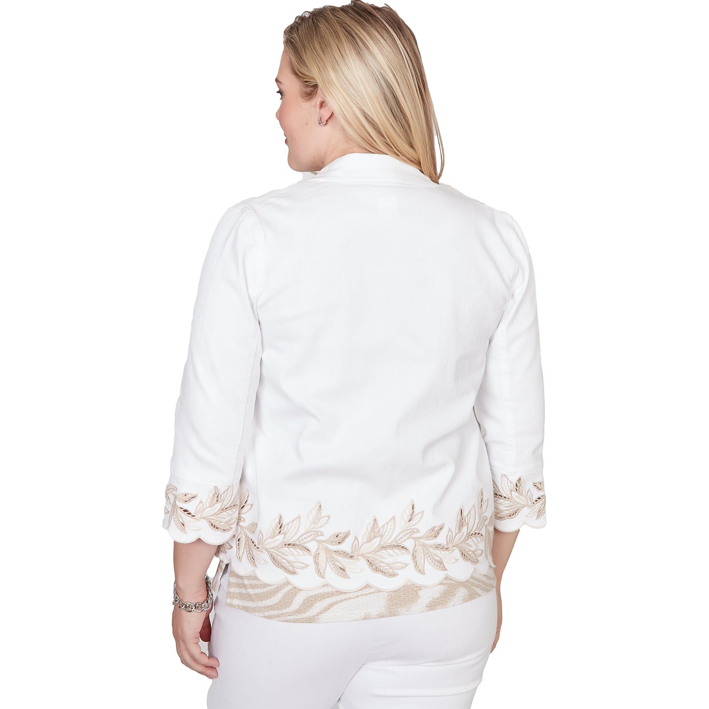Alfred Dunner Women's Petite Leaf Cutout Embroidered Shirt Jacket, Size PL, White