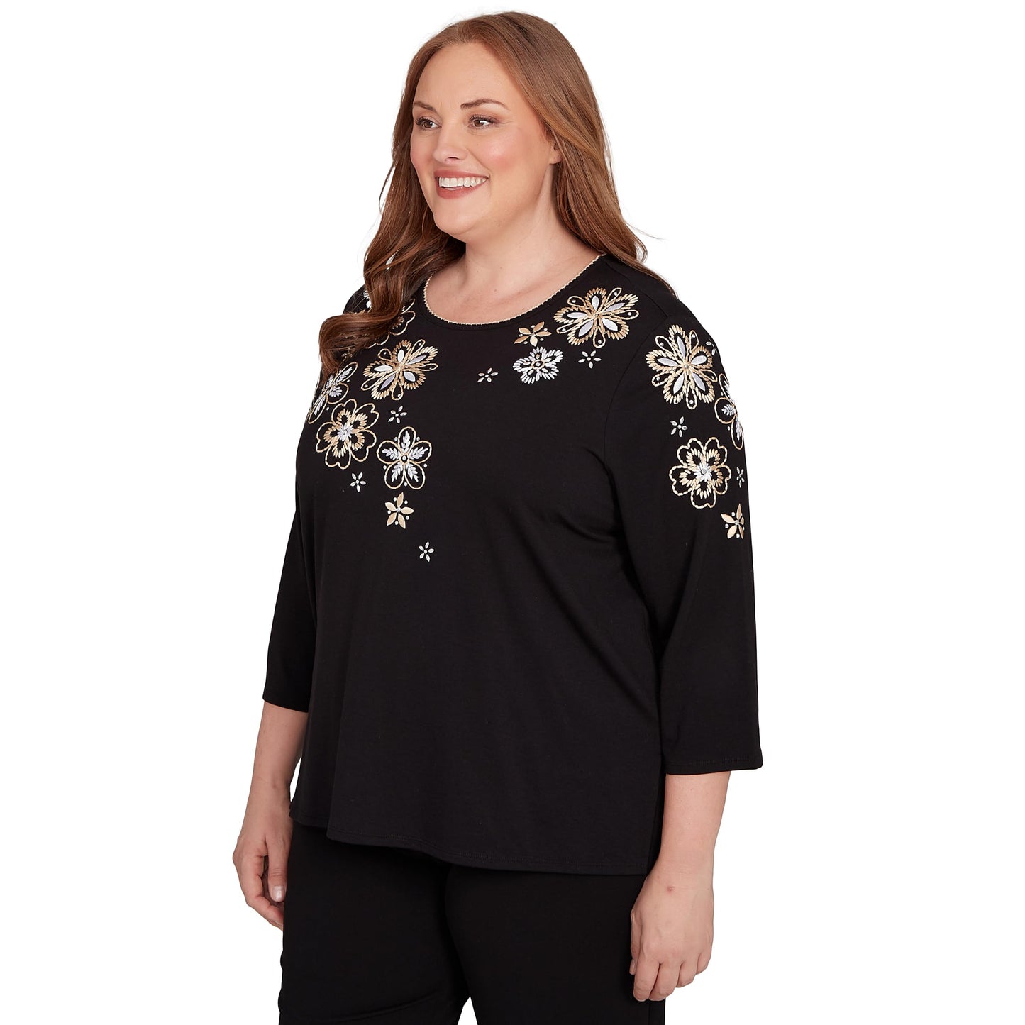 Gold Floral Embroidered Three Quarter Sleeve Top