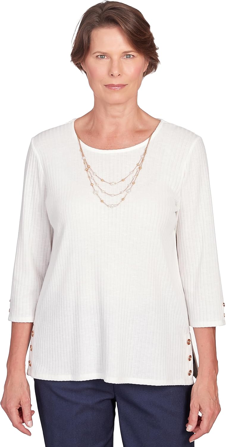 Alfred Dunner Solid Knit Flutter Sleeve Top with Necklace Polyester