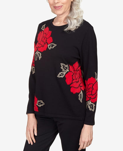 Alfred Dunner Women's Floral Jacquard Long Sleeve Sweater Size S Black