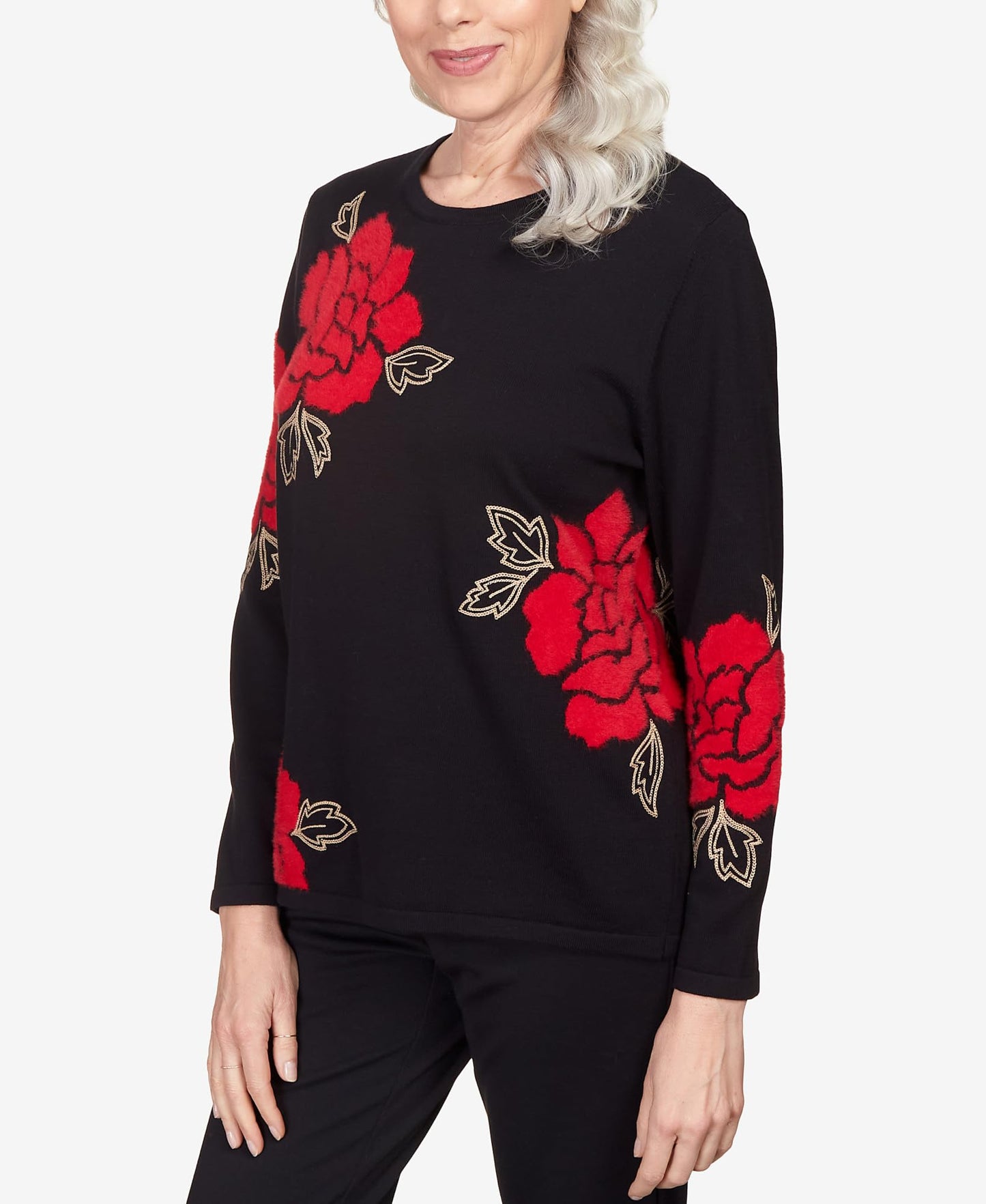 Alfred Dunner Park Place Black Knit Floral Sweater