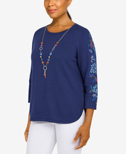 Alfred Dunner Women's Plus-Size Womens Embroidered Sweater with Detachable Necklace