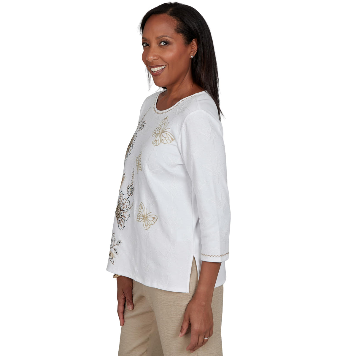 Alfred Dunner Women's Floral Butterfly Line Embroidered Top, Ivory, M