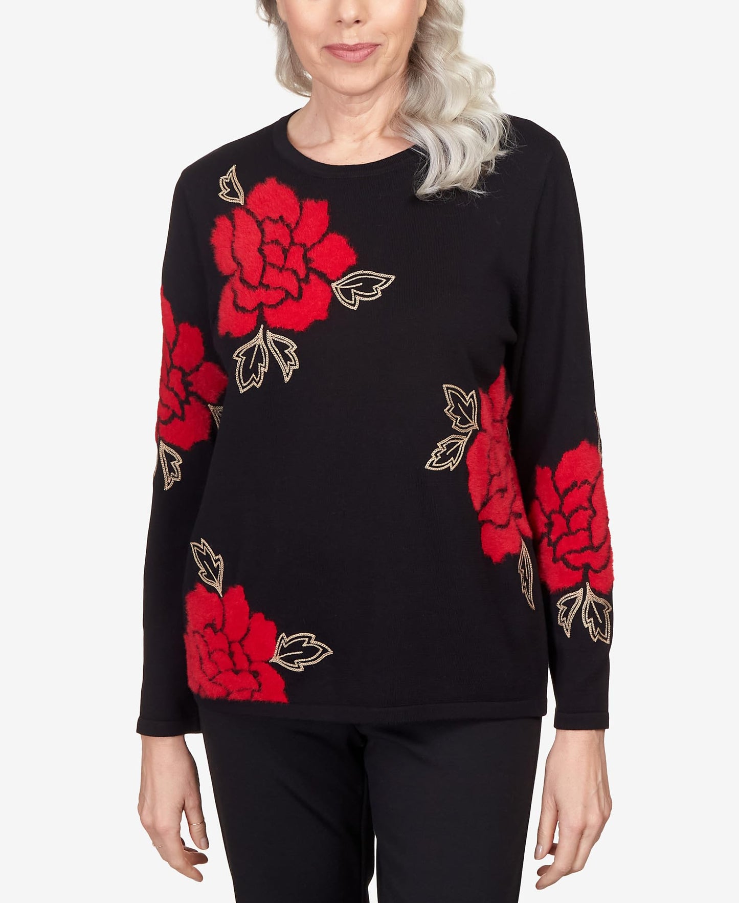 Alfred Dunner Park Place Black Knit Floral Sweater