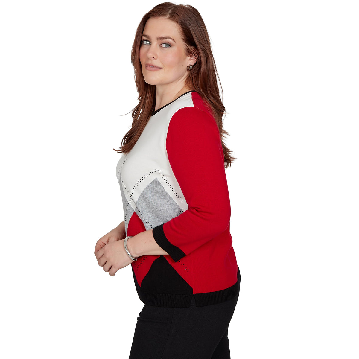 Alfred Dunner Women's Argyle Beaded Sweater, Red, M