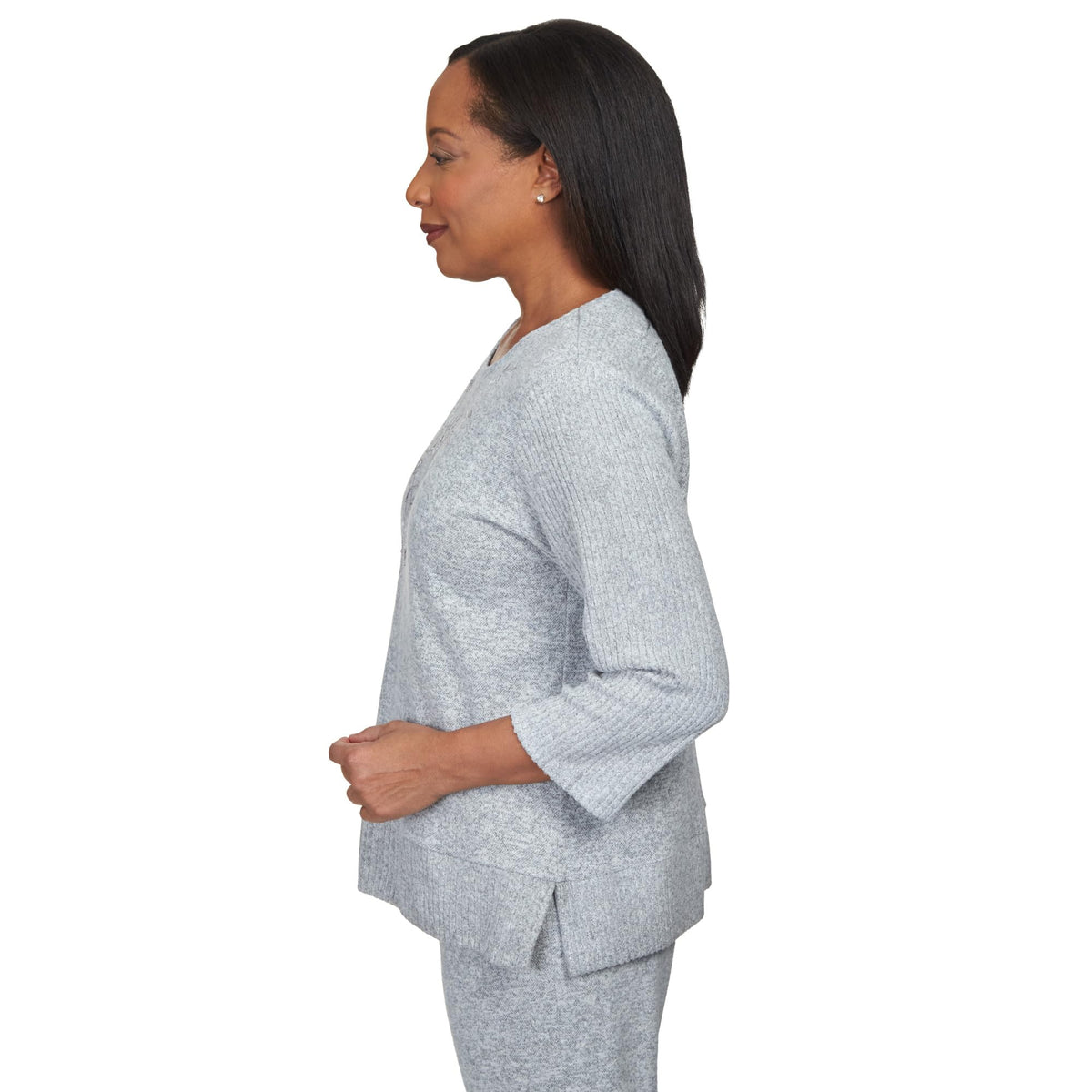 Alfred Dunner Comfort Zone Floral Embroidered Ribbed Sleeve with Slit Hem Knit Top