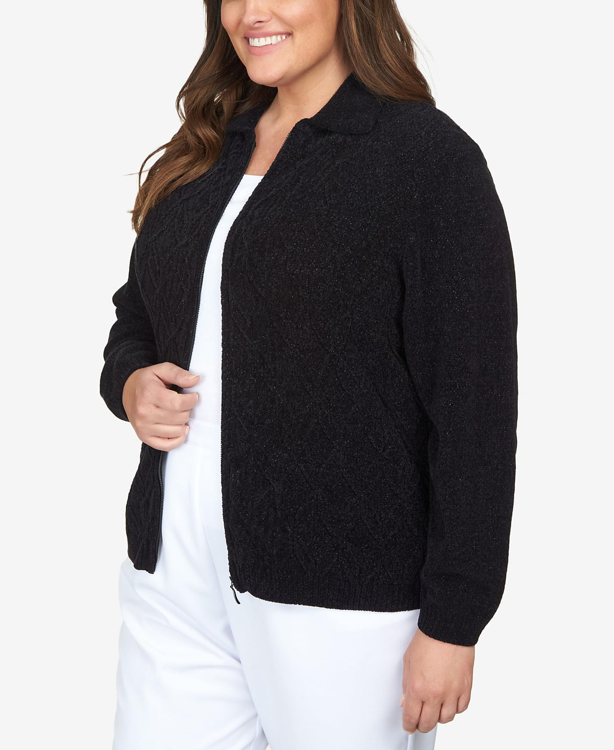 Alfred Dunner Classic Chenille W/Lurix Zippered Cardigan (US, Alpha, 3X, Plus, Regular, Plus Size, Black)