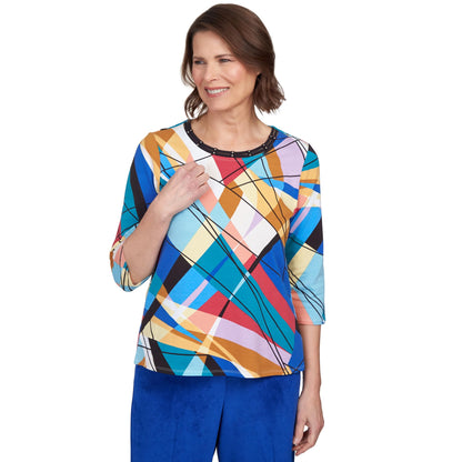 Alfred Dunner Women's Double Strap Crew Neck Abstract Top Size S Bright Multi