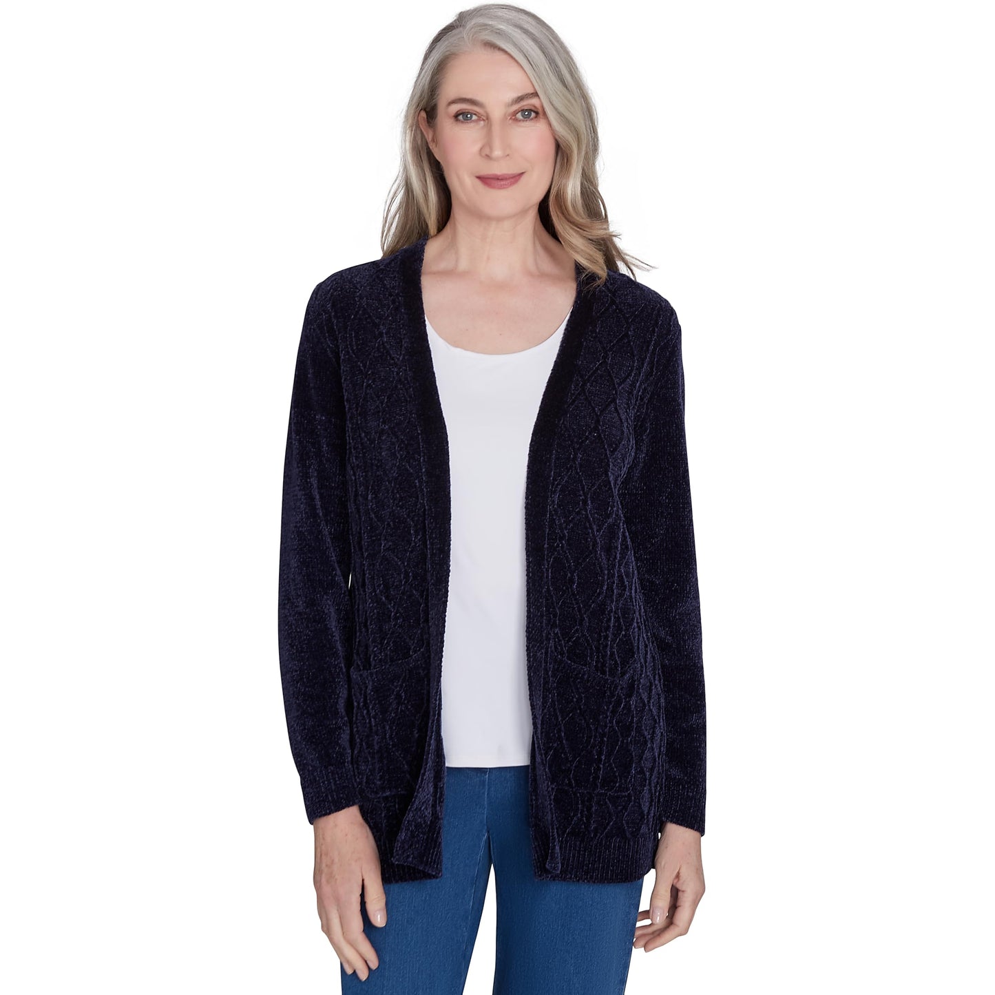 Alfred Dunner Classic Chenille Open Front Cardigan with Pocket Polyester (US, Alpha, Large, Regular, Petite, Petite, Black)
