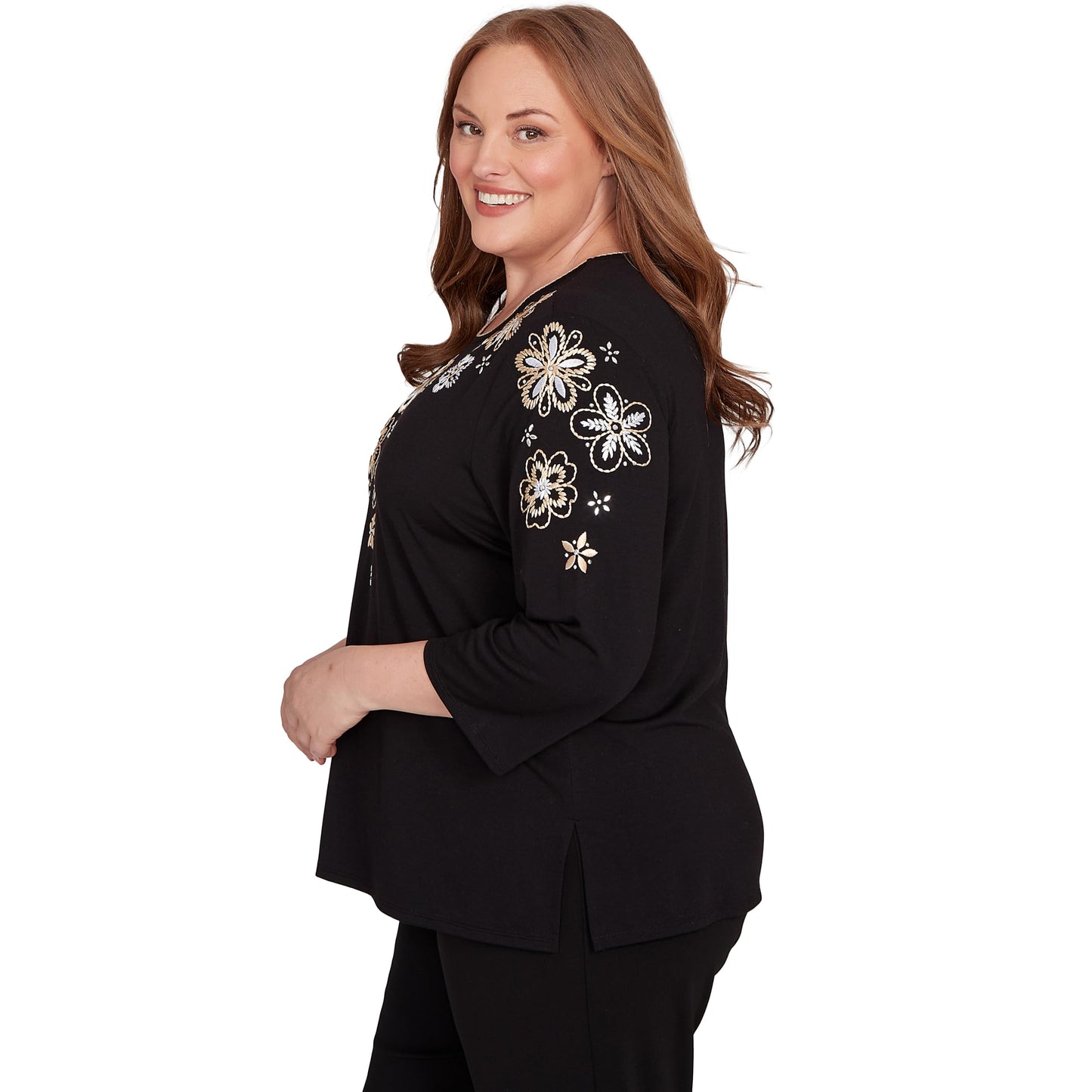 Gold Floral Embroidered Three Quarter Sleeve Top