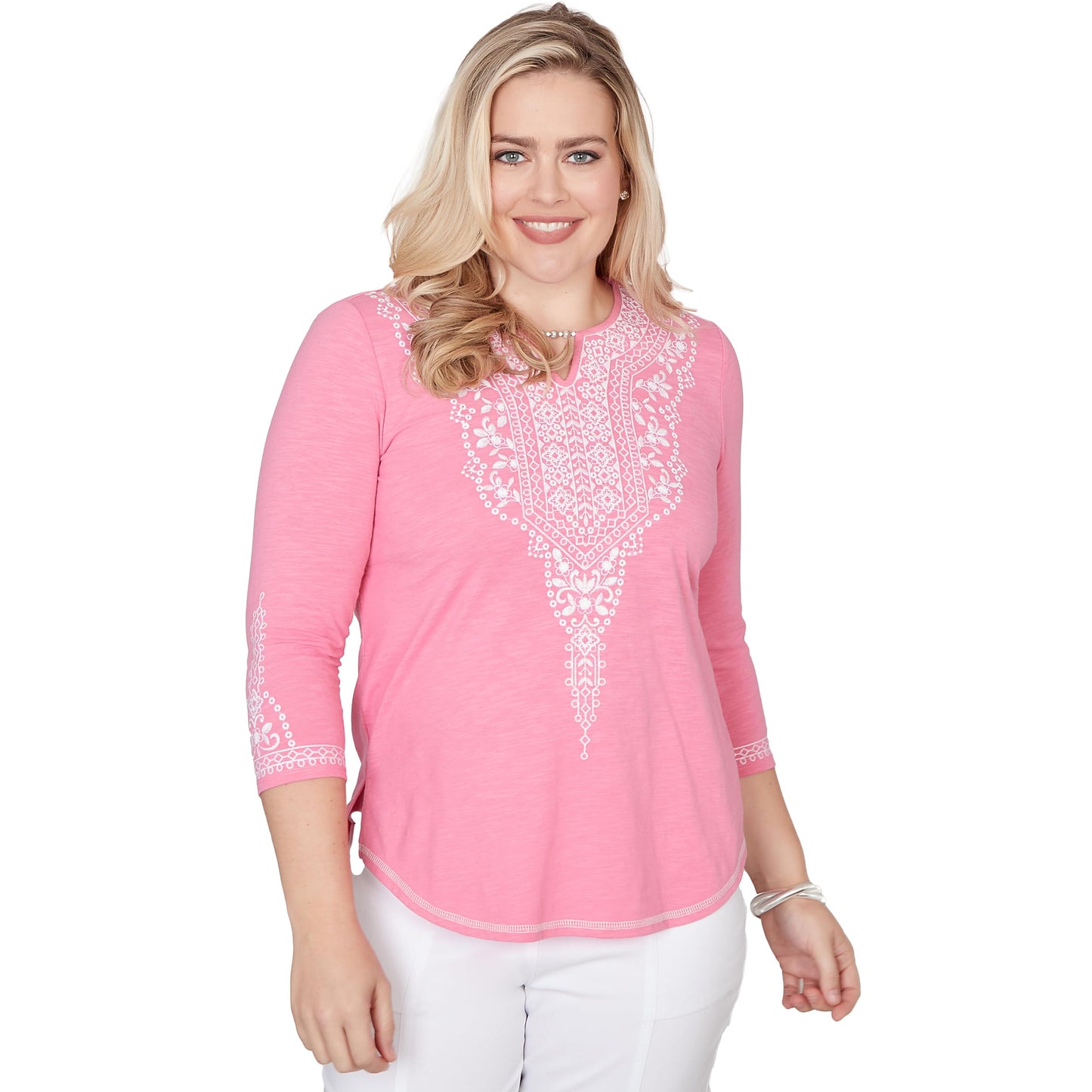 Alfred Dunner Women's Embroidered Split Neck Three Quarter Sleeve Top