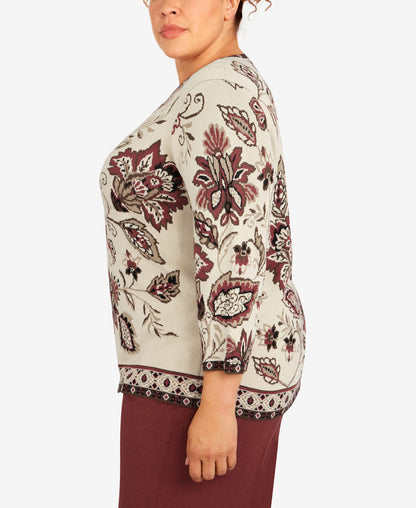 Alfred Dunner Women's Plus-Size Floral Jacquard Geometric Trim Sweater