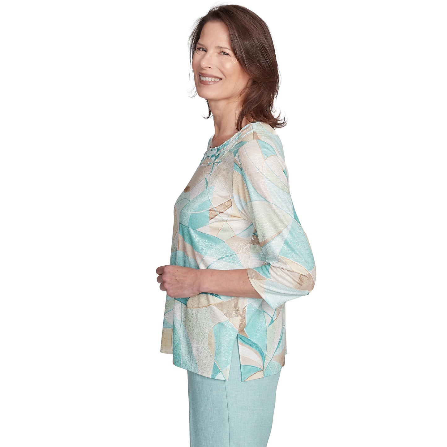 Alfred Dunner Women's Stained Glass Crew Neck Top, Multi Neutral, Large