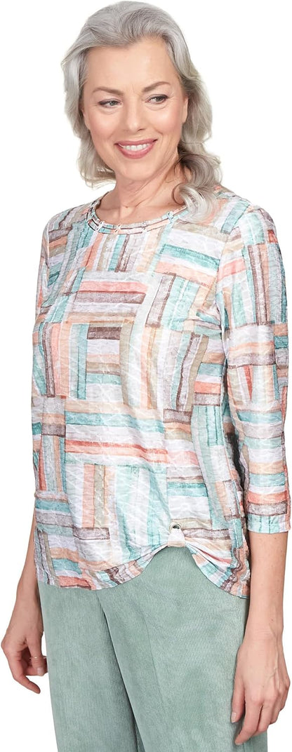 Alfred Dunner Women's Texture Stripe Patchwork Side Grommet Top Size XL Multi