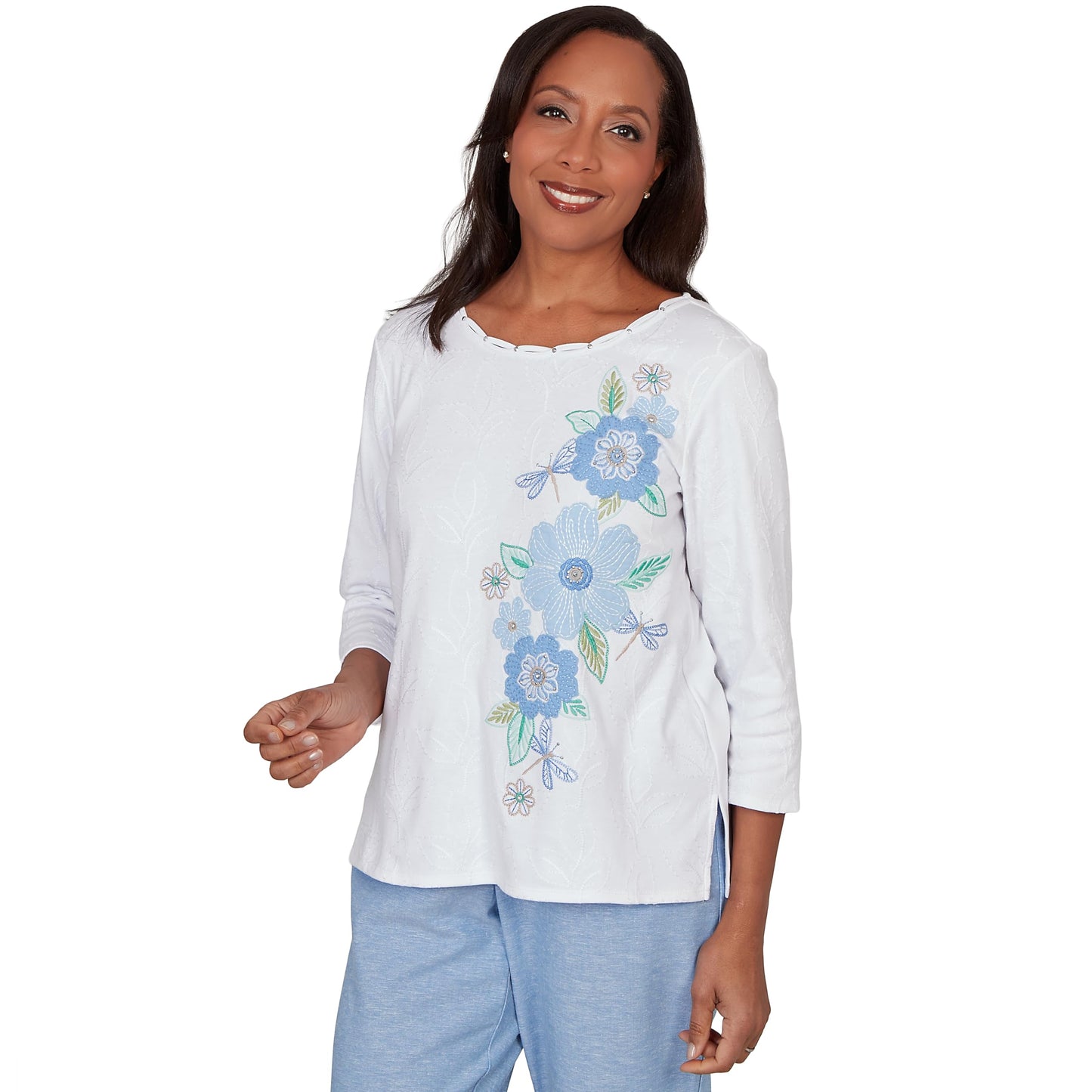 Alfred Dunner Women's Embroidered Dragonfly Floral Top