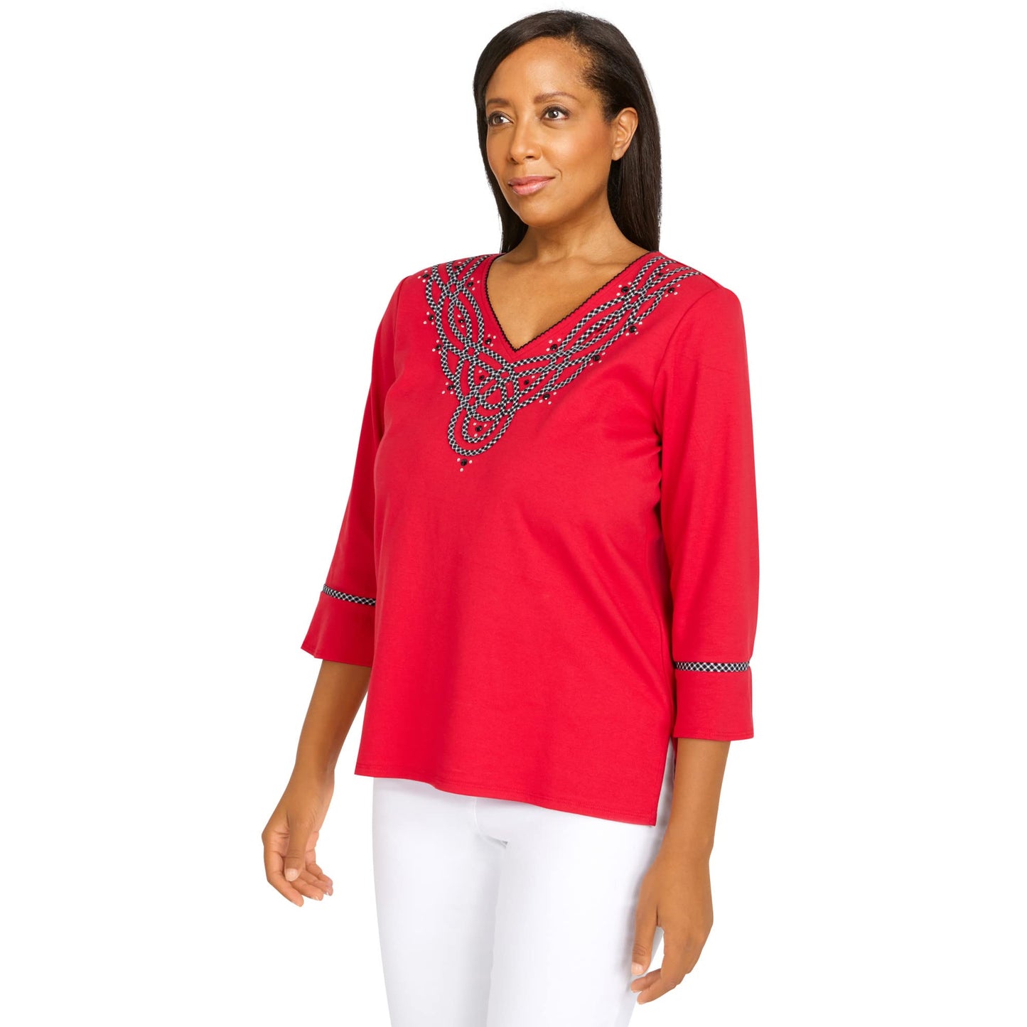 Alfred Dunner Women's Embroidered V-Neck 3/4 Sleeve Top