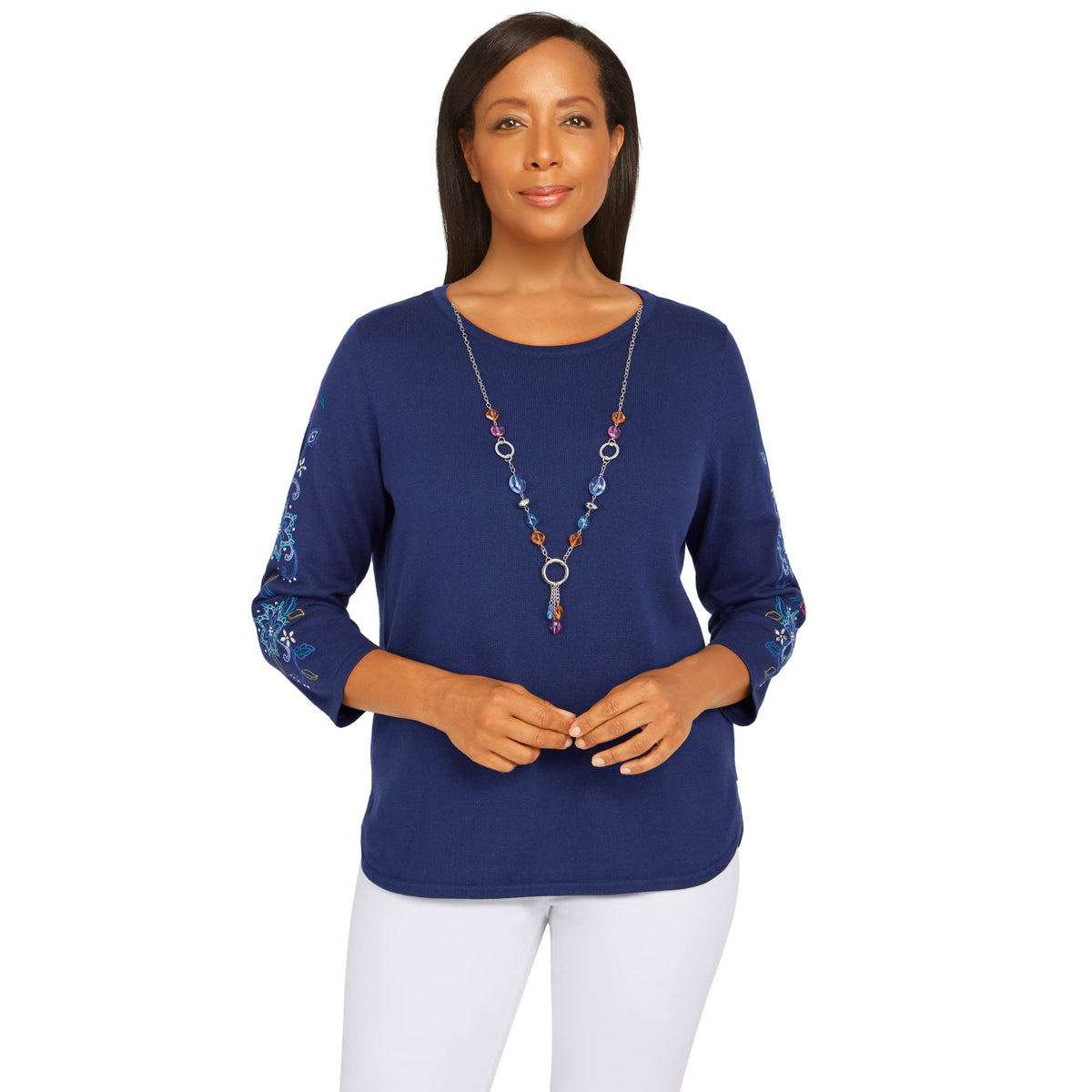 Alfred Dunner Women's Plus-Size Womens Embroidered Sweater with Detachable Necklace Size 2X Navy